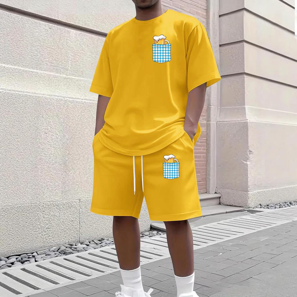 Herren Casual Kurzarm T-Shirt und Shorts Set Rundhalsausschnitt Oberteil und Bund mit Kordelzug Unterteil mit Taschen detail Geeignet für den täglichen Gebrauch