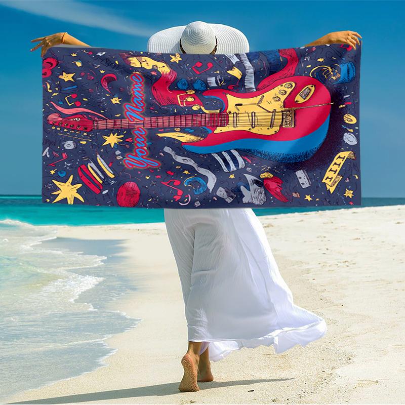 1PC Custom Name Music Guitar Festival Beach Towel Highly Absorbent And Sand-Resistant Towel for Swimming, Pool, Yoga, And Travel Lightweight