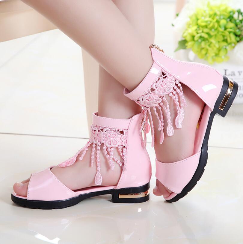 

3 5 9 10 12 Years Kids Bow Sandals Children Girls Summer Cute Sandals Beach Princess Fashion High Heels Tassel School Shoes 36