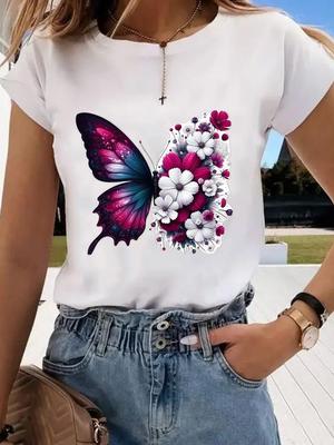 (Asian Size) Style Butterfly Clothing Graphic Tee Women's Top Print O-neck Fashion Female Casual T Short Sleeve T-shirts