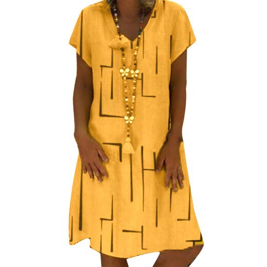 V-Neck Short Sleeve Knee-Length Shift Dress Geometry Plaid Print Casual Summer Dress Female Clothing