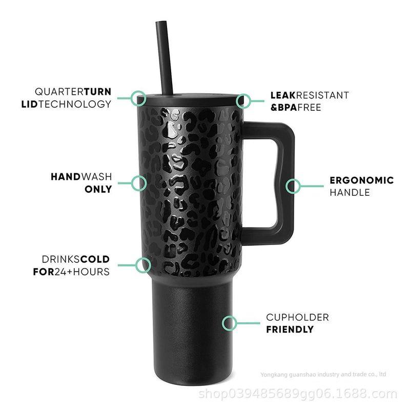 Cross-Border 304 Stainless Steel Leopard Print 40-Ounce Ice Cup with Handle and Straw, High-Quality Car-Mounted Large-Capacity Thermos Cup