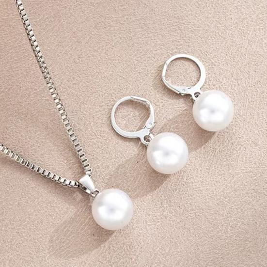 Faux Pearl Jewelry Set for Women White Faux Pearl Necklace Hoop Earrings Set for Bride Bridesmaid Wedding Accessory