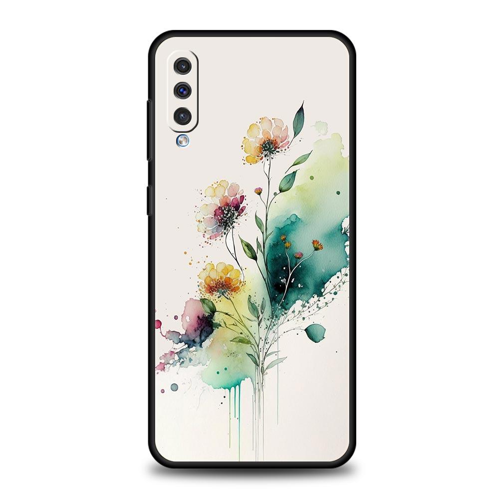 Phone Case For Samsung A56 A36 A26 A24 A12 A14 A16 A50 A70 A20E A10S A22 A40 A34 A54 A42 A52 5G A04s A06 Cover Ink Wash Flower