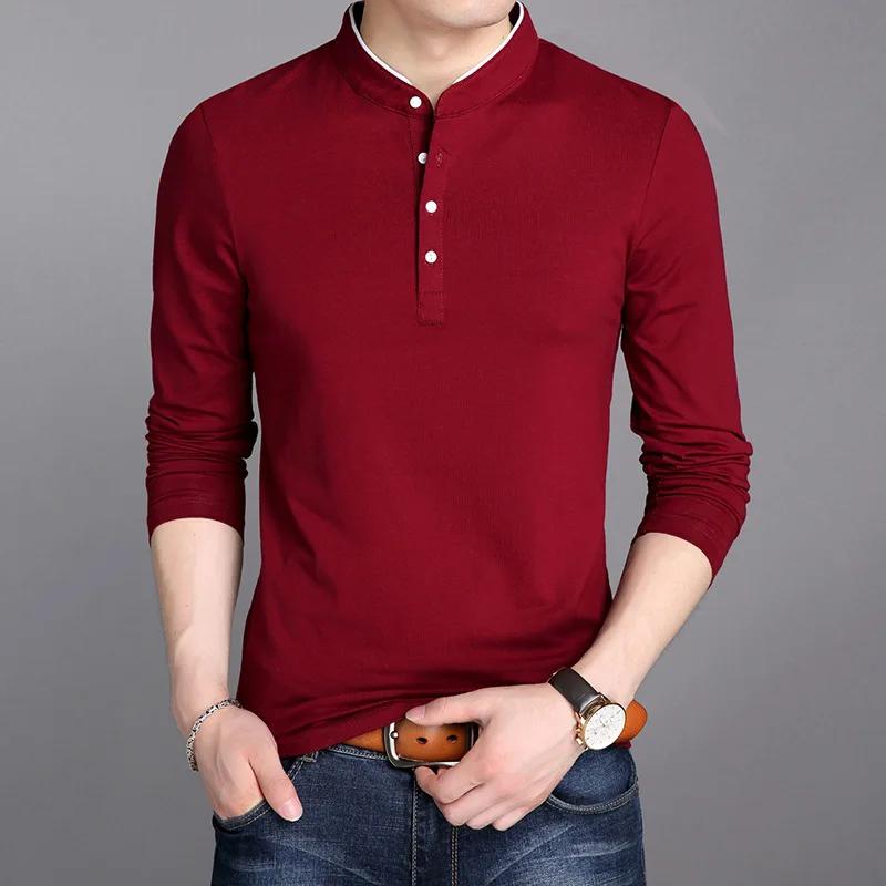 Men s T-shirt Four-button Long-sleeved Men T-shirt Vertical Collar Pure Color Tops Tee Shirt for Male M красный