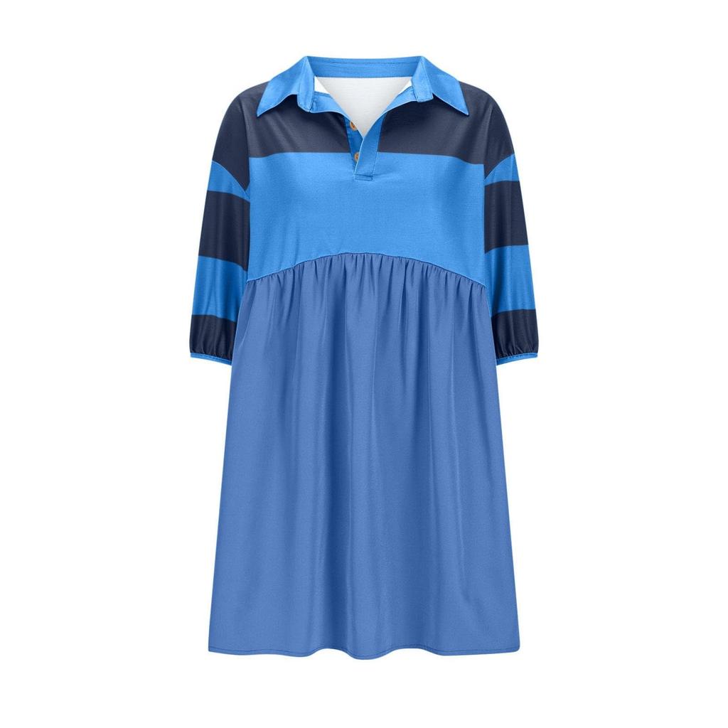 Women Babydoll Dress Striped Colorblock Pleated Oversized Short Sleeve Collar T-Shirt Dress