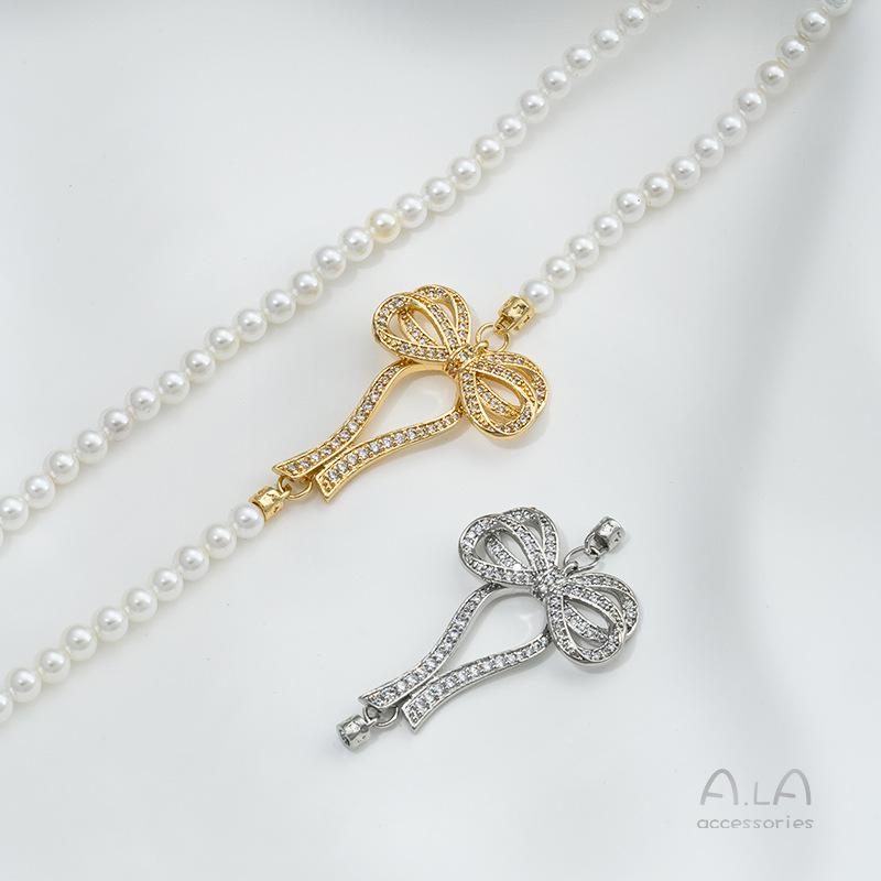 14K Gold-filled Zircon Bow Pearl Necklace with Clasp Pendant: Handmade Beaded Accessory