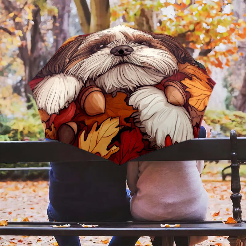 Shih Tzu and Fallen Leaves Pattern, Automatic Folding Umbrella, Portable and Foldable Design, 8 Ribs, a Christmas or Birthday Gift.
