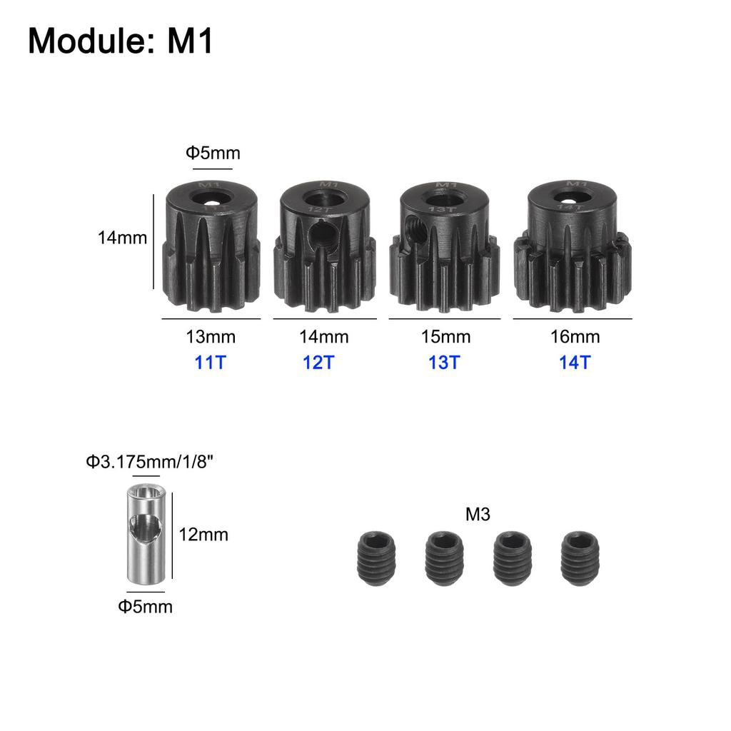 Uxcell M1 Mod1 Pinion Gear Set, 5mm Shaft, 11T, 12T, 13T, 14T Motor Gears, Hardened Steel Pinion Gears with 3.17mm Coupler for RC Cars (Set of 4)