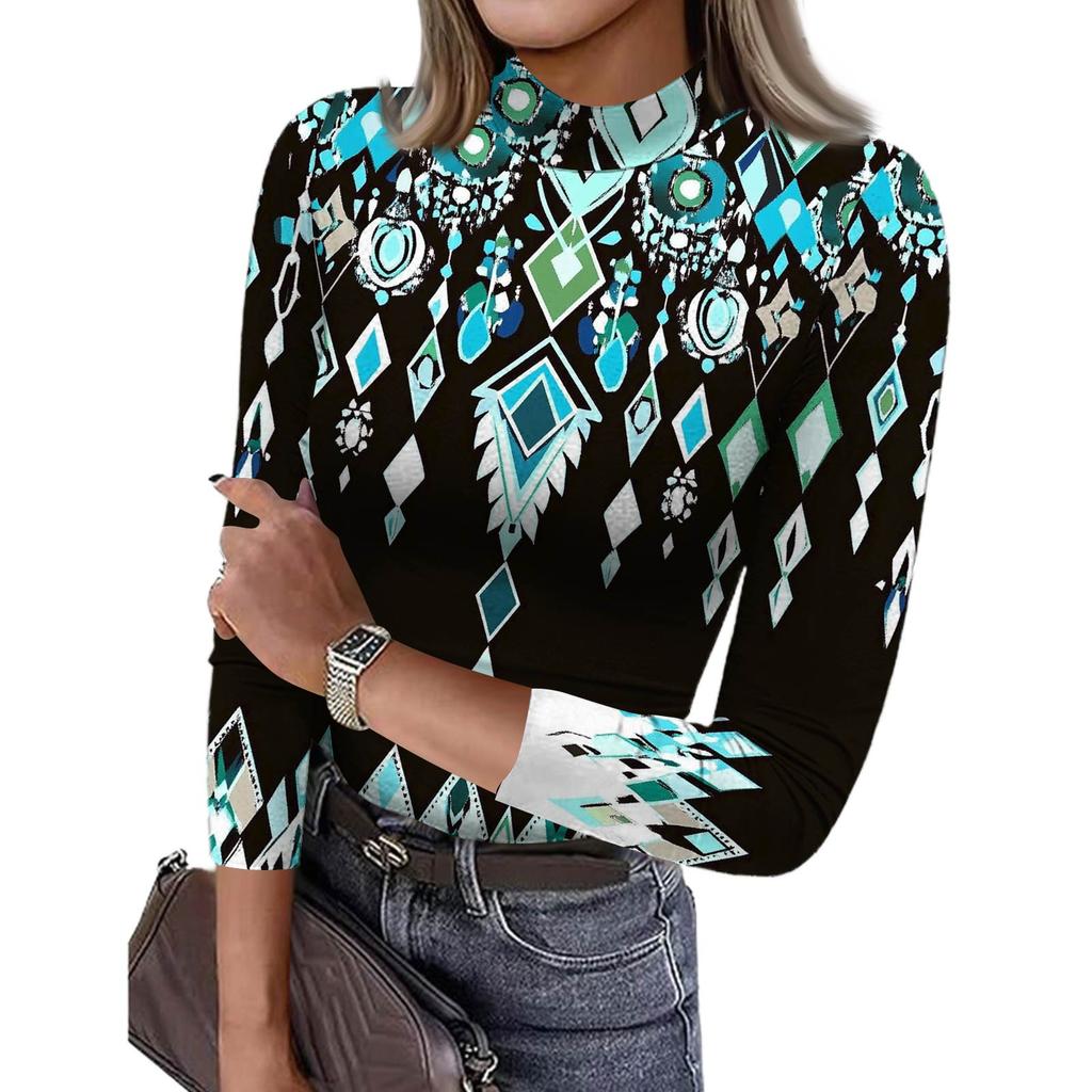 Damen Slim Bottom T-Shirt Mode Lässig Farbverlauf Druck Rundhals Pullover 3/4 Ärmel Top