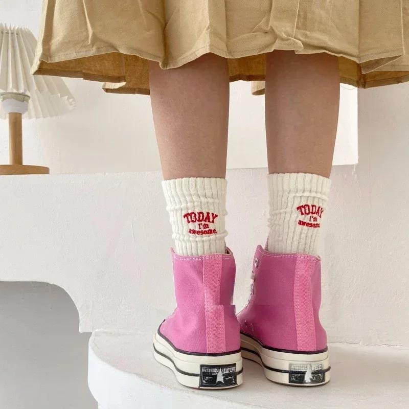 Funny Socks Cotton Embroidery Letter Today I’m Awesome Japan Korean Designer Socks Couple Mid-tube Sock Sports for Men Women