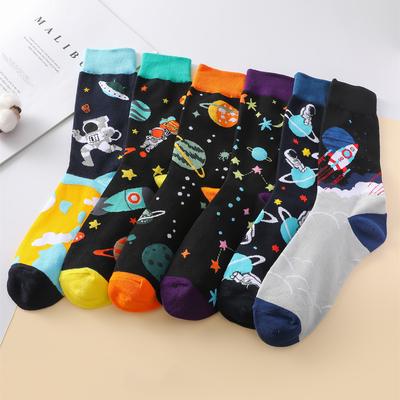 6 Pairs/Pack Men's Galaxy Pattern Street Fashion Trendy Socks Spring Summer Comfortable Breathable Colorful Cotton Crew Socks