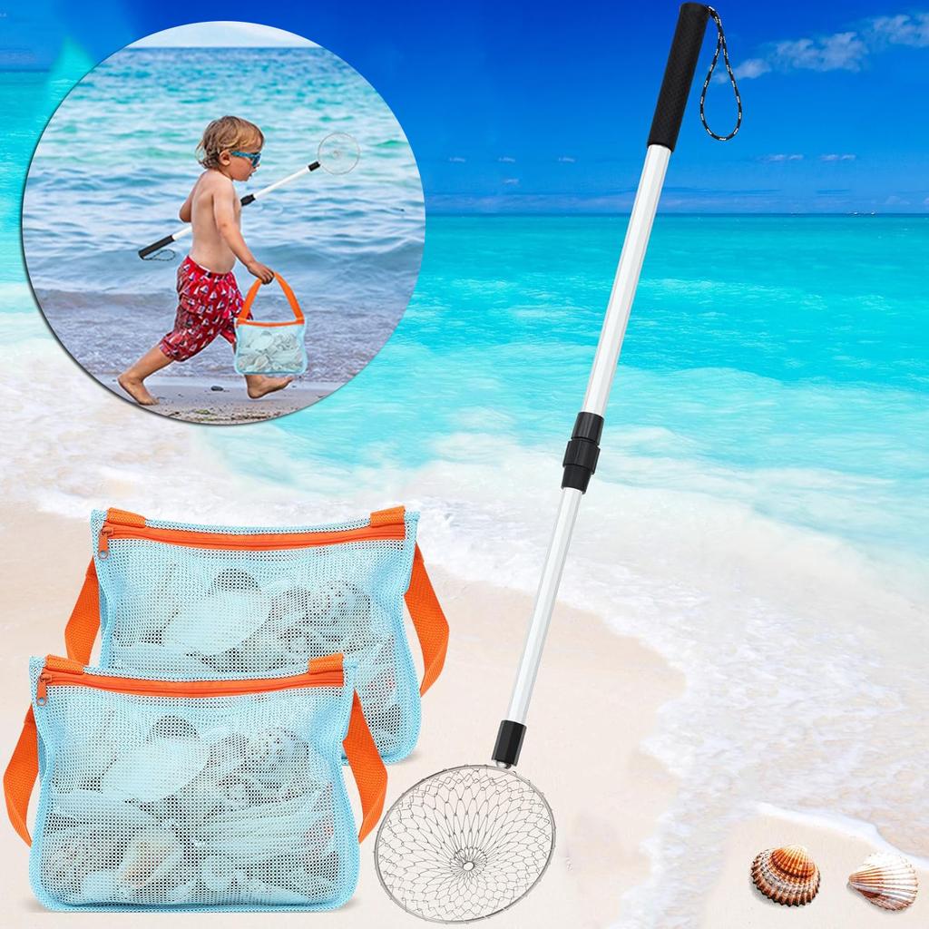 3Pcs Shelling Tools for Beach Include 1 Beach Sand Sifter with Long Adjustable Handle 2 Mesh Beach Bag Shell Collecting Bag