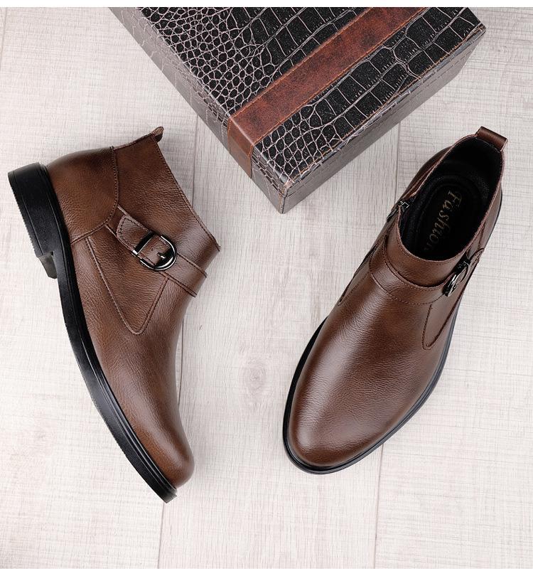 Men's High-Top Leather Slip-On Boots: Formal Casual Cowhide Shoes for Autumn/Winter with Warm Cotton, Large Sizes Available.
