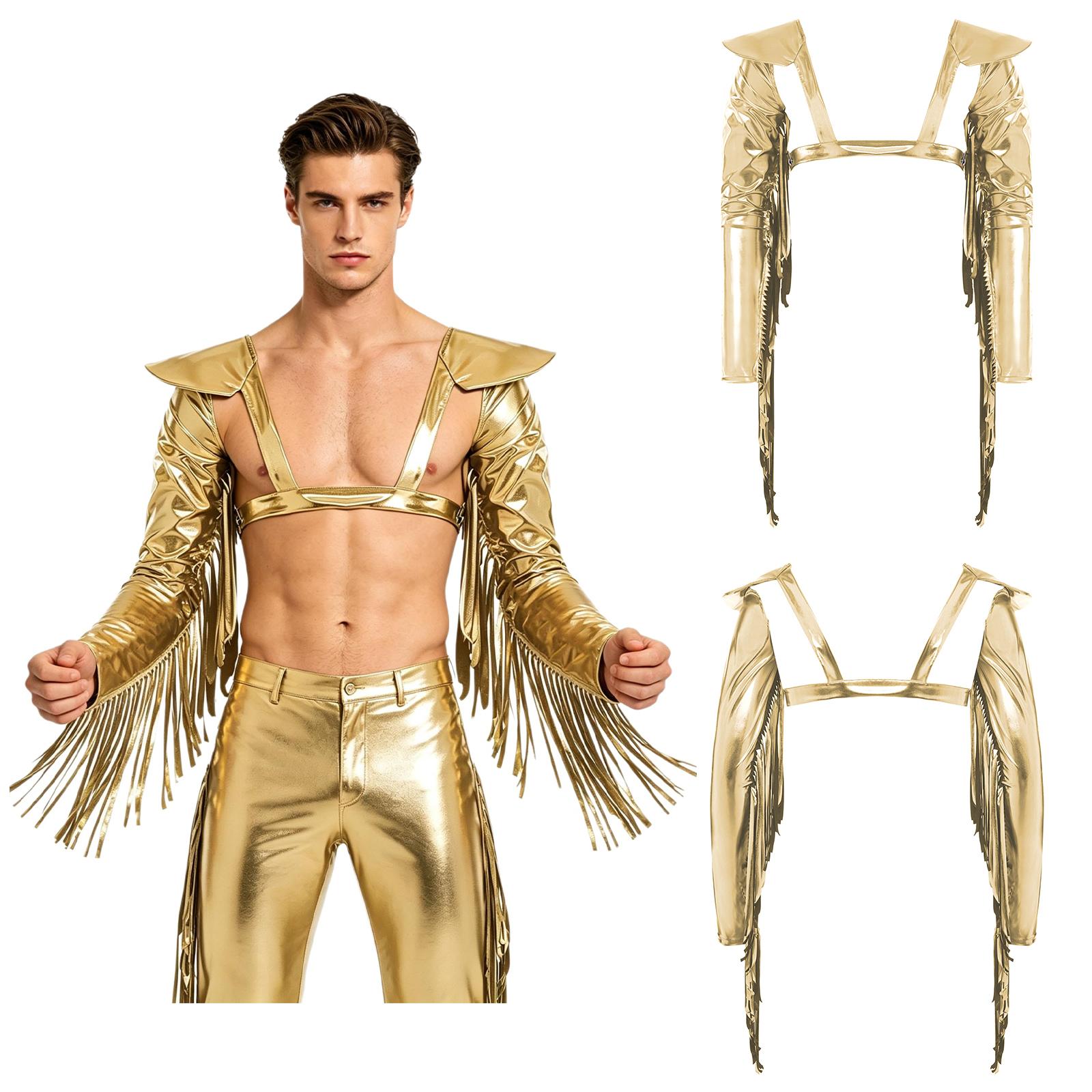 M-3XL Herren Metallisch Glänzend Fransen Armstulpen Langarm mit Quasten Strukturierte Schulterklappe Verstellbares Brustgeschirr Club Party Crop Top XL beige