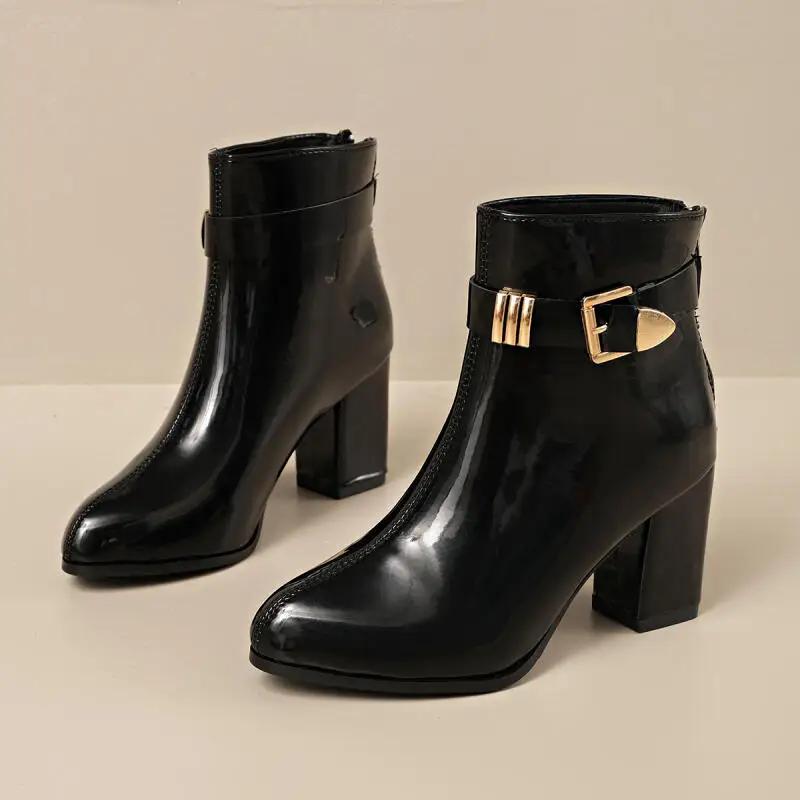 Sexy Patent Leather Black Ankle Boots Women Winter Metal Buckle High Heel Chelsea Boots Gold Decoration Designer Shoes Lady