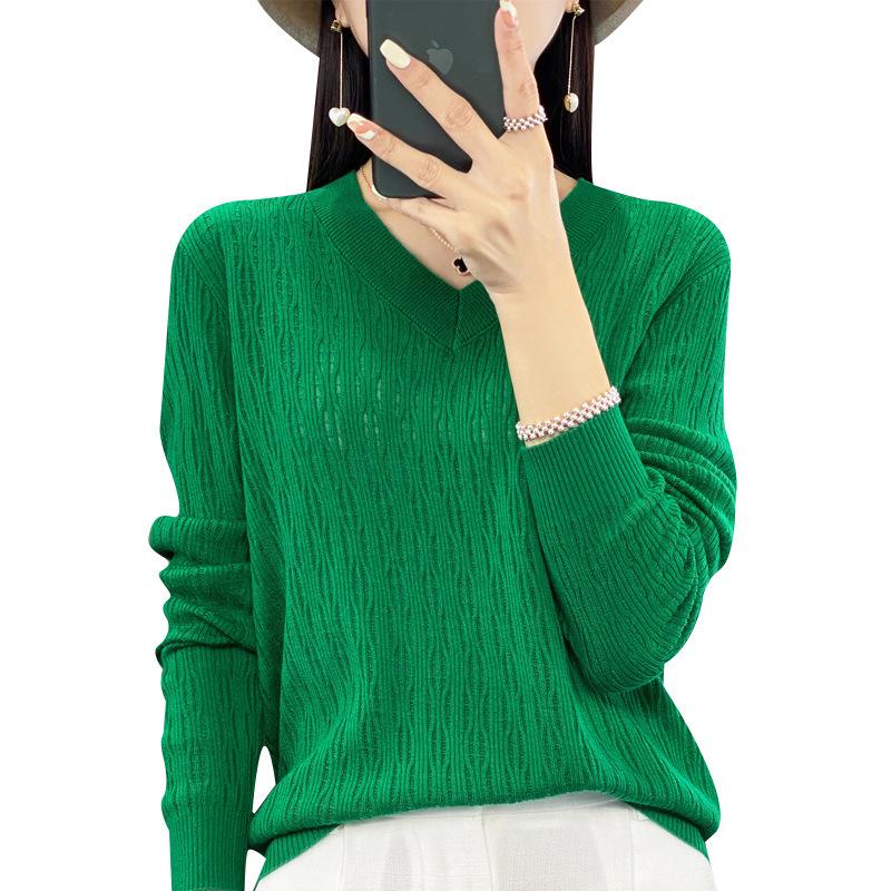 Summer 2025 Women's Plus Size V-Neck Long Sleeve Hollow Out Knit Sweater Cardigan Blouse