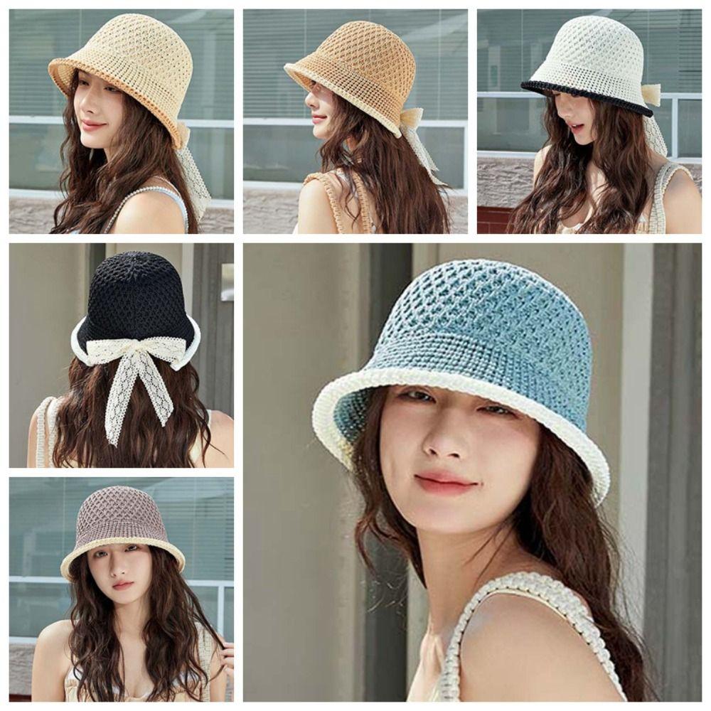Hollow Out Sunshade Basin Cap Temperament Bow Fisherman Hat Knitted Bucket Hat  Travel