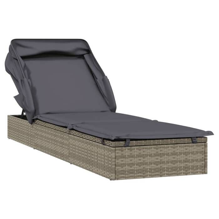 VidaXL Transat avec toit pliable gris 213x63x97 cm résine tressée, chaise longue, chaise longue d'extérieur, lit de salon, 319639