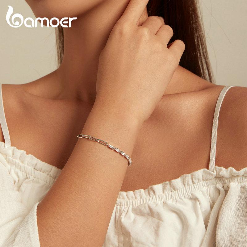 Bamoer 925 Silver Square Zircon Tennis Bracelet Chain Splice Bracelet for Women Valentine's Day Gift Jewelry BSB101