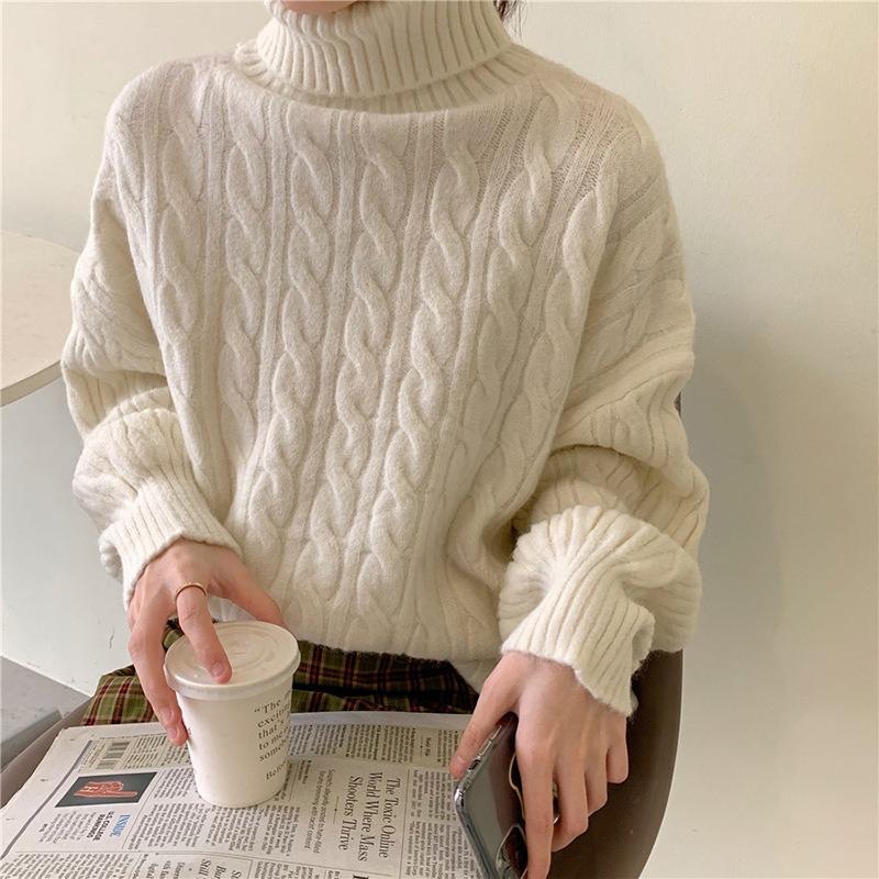 Autumn and Winter New Simple Casual Turtleneck Pullover Women's Loose Lazy Twist Knitted Sweater Jacket