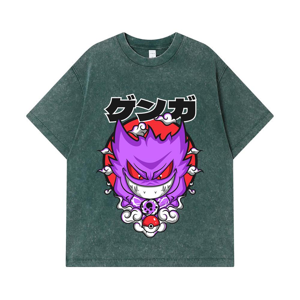 275 GSM Washed T-shirts 100% Cotton Pokemon V10 Gengar Print Unisex Heavy Cotton T Shirt