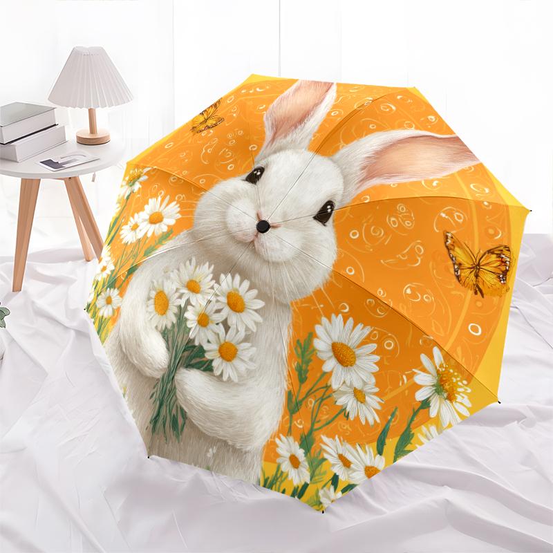 Rabbit and Flower pattern, automatic folding umbrella, portable and foldable design, 8 ribs, a Christmas or birthday gift.