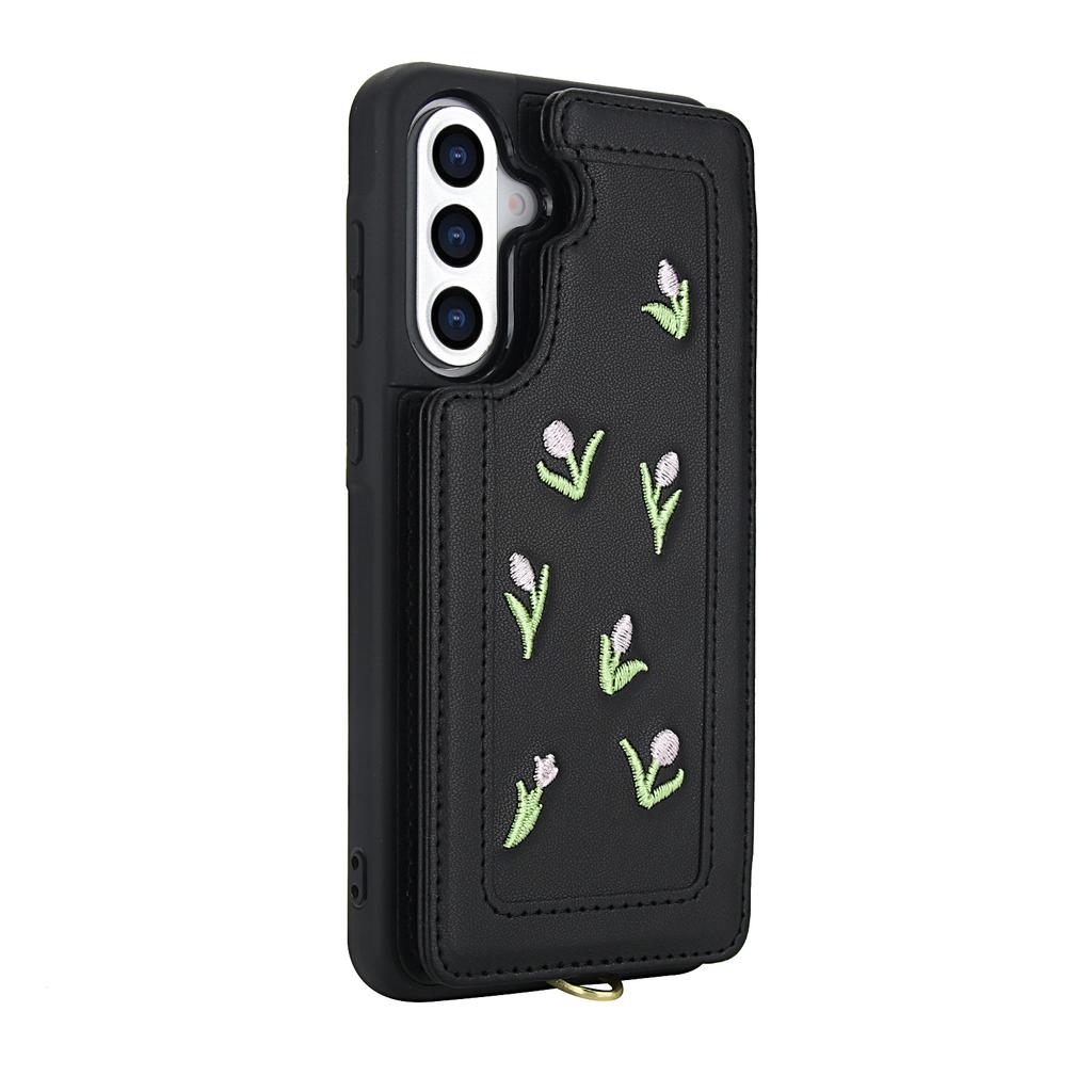 For Samsung Galaxy A36 5G/A56 5G Case Embroidered Tulips PU Leather Card Holder Back Cover with Shoulder Strap/Wrist Strap