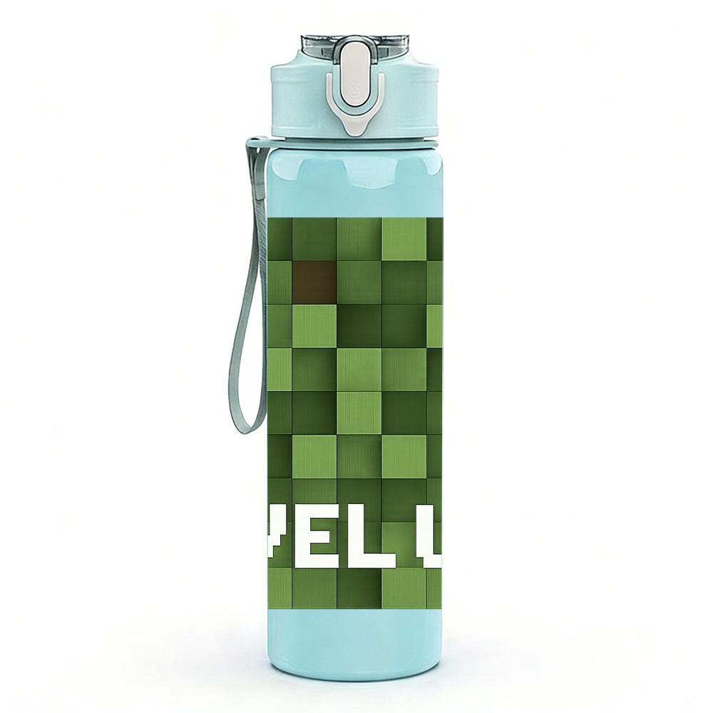 1PC Level Up Block Game Pattern 750ml Color Plastic Sports Water Bottle Leakproof Flip Straw Lid Suitable for Sports Office Home Use