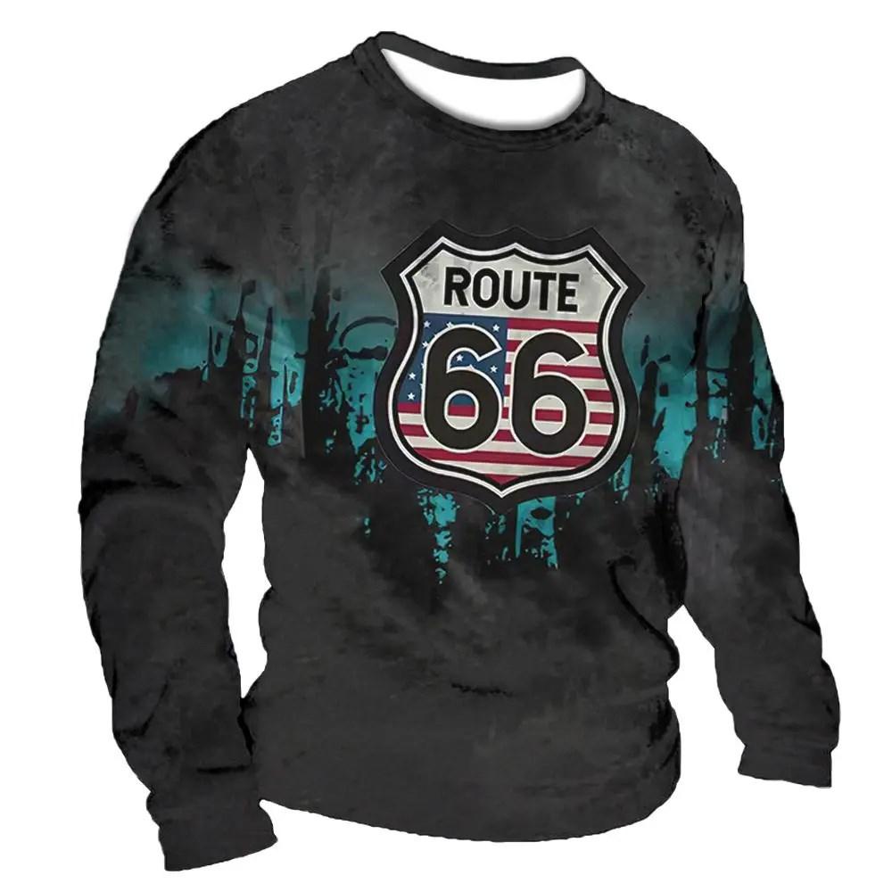 Autumn 3D Print T-shirt Men's Vintage T-shirt Long Sleeve Tops US Route 66 Letter Graphic Oversized Loose Clothes 5XL