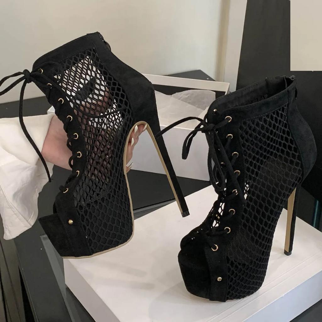 Eilyken New Design Peep Toe Lace-up Women Ankle Boots Sandals Summer Mesh Fabric Thin High Heels Stripper Ladies Shoes