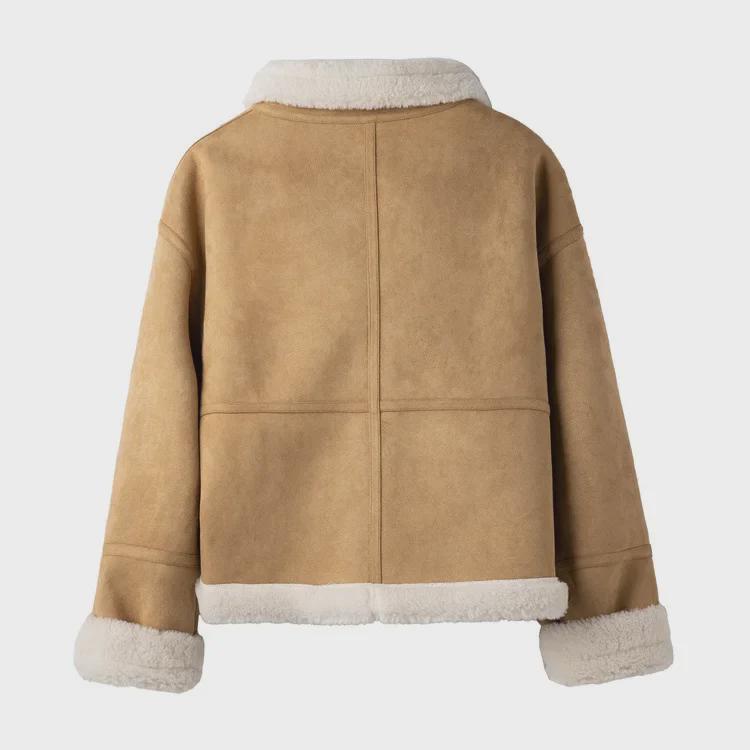 Dámský oboustranný zimní kabát z khaki sametu a jehněčí vlny