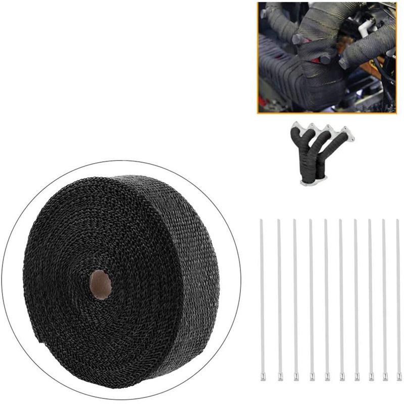 Exhaust Heat Wrap 2000℉ Black Car Exhaust Pipe Heat Insulation Wrap 50mm x 15m with 10 Stainless Steel Cable Ties Pipe Wrap