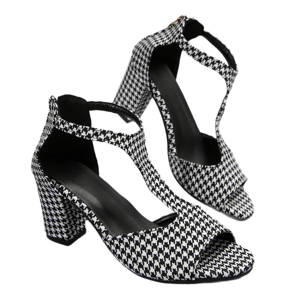 European and American simple back zipper bag heel fish mouth shoes summer large size side empty thin heel Roman sandals