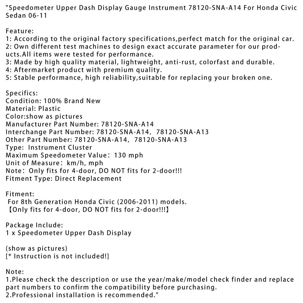 Speedometer Upper Dash Display Gauge Instrument For Honda Civic Sedan 2006-2011