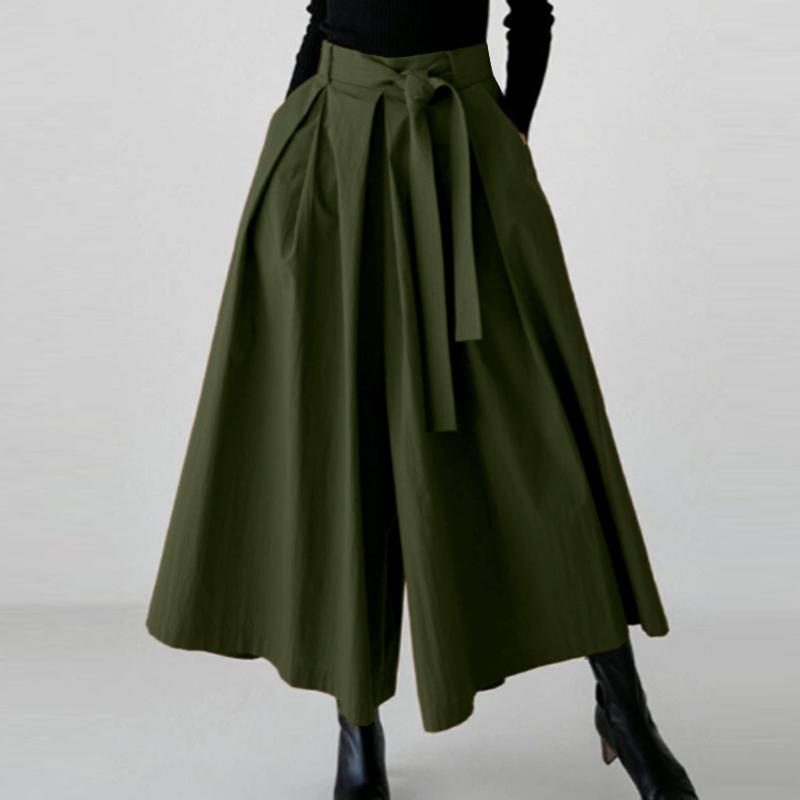 ZANZEA Women Casual Elastic Waist Solid Color Loose Wide Leg Capris Pants