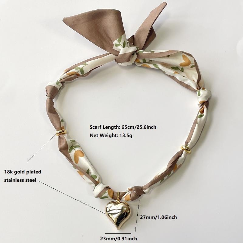 Cutie Bandana Scarf Necklace With Stainless Steel Heart Charm Handmade Jewelry Gift For Mother Wife Girls
