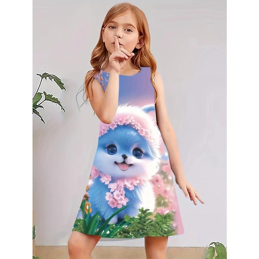 Summer Children's New Cute Cat 3D Pattern Sleeveless Dress Loose Soft Casual Style Outdoor Party Clothing for Girls Daily