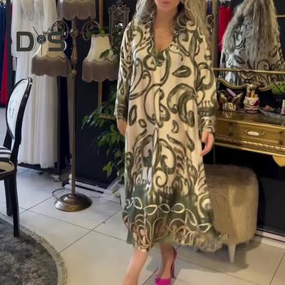 Fall Spring Maxi Dress Color Matching Print Lapel V Neck Long Sleeves Loose Mid-calf Length Daily Wear Casual Midi Dress