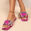 Fashion Women's Fashion Flat Slippers in Summer New Square Shallow Diamond Beaded Soft-soled Anti-slip and Wear-resistant Slippers.