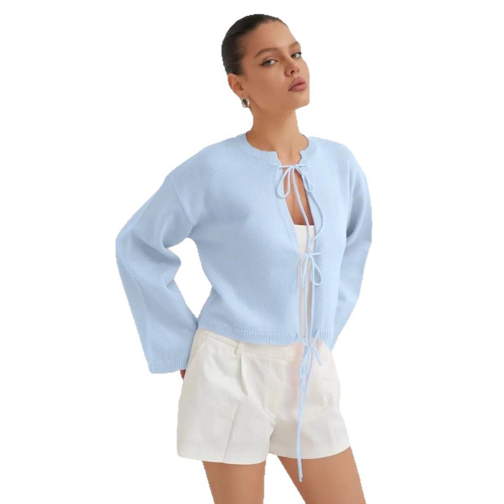 Women's Tie Front Bow Cardigan Sweater Long Sleeve Knit Outwear Coat Lace Up Crew Neck Crochet Cardigan Sweaters for Women Fall Outfit Sweater Jacket