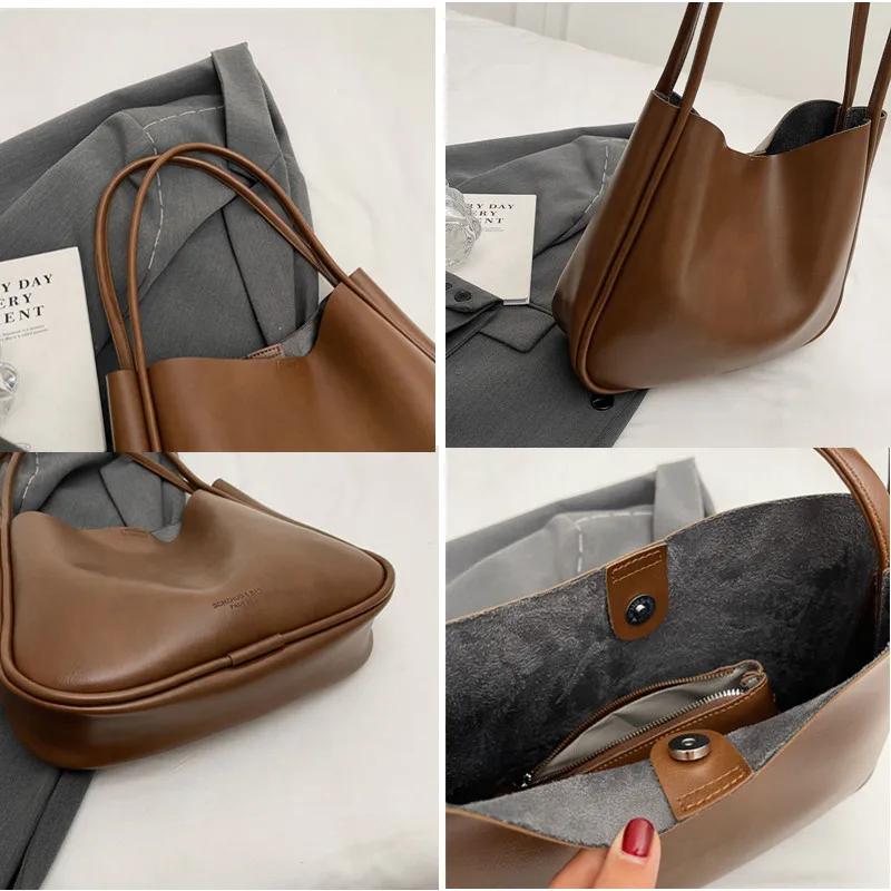 New Large Capacity Women Brand Handbag Vintage Solid Color PU Leather Women Tote Bag Luxury Designer Shoulder Bag for Women