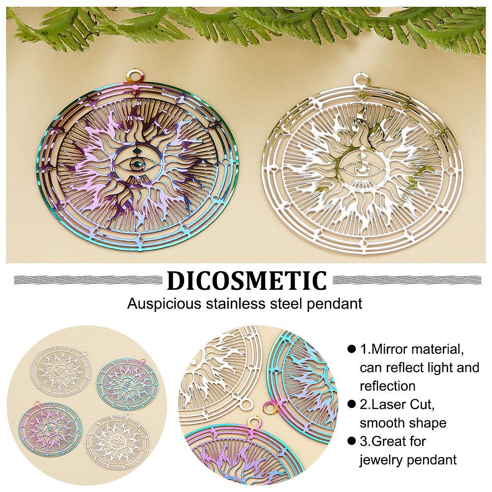40Pcs 2 Colors 201 Stainless Steel Filigree Pendants Etched Metal Embellishments Flat Round with Sun Mixed Color 32.5x30x0.3mm Hole: 1.6mm