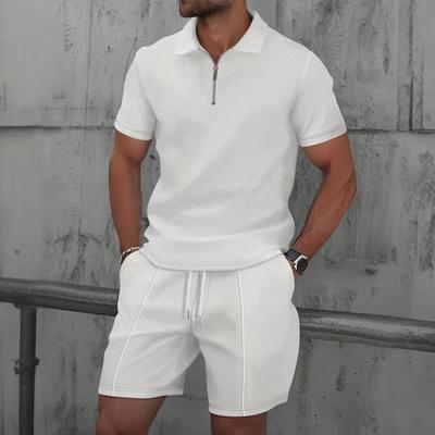 Set Uomo Polo Trendy a Manica Corta con Collo a Revers e Pantaloncini - Modello a Waffle, Taglia Europea, Sportswear Casual