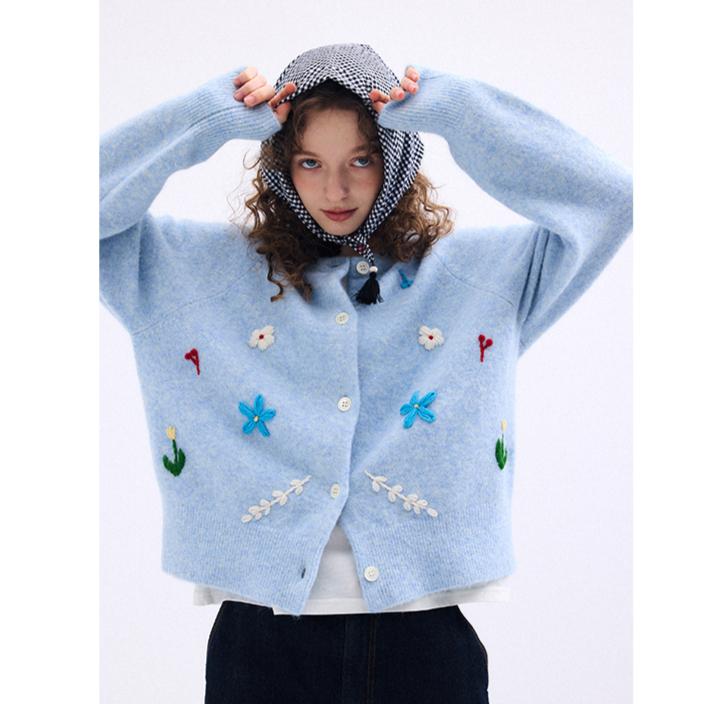 Dimanaf 2025 Autumn Jacket Women Sweaters Coat Embroidery Wadded Coat Cardigan Knitting Pockets Blue Pink Sweater