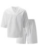 Men's Casual V-Neck Jacquard Two-Piece Set: Short-Sleeved Shirt & Shorts