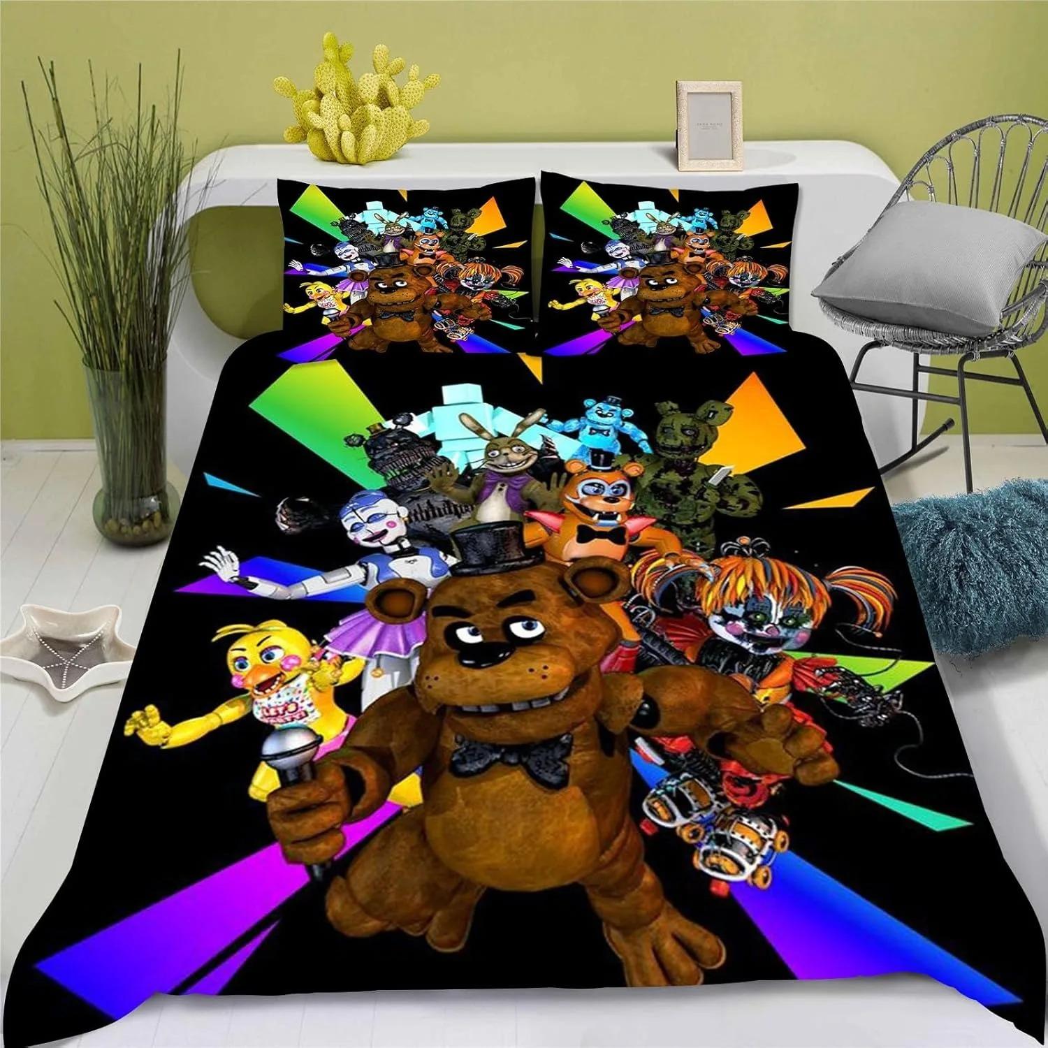 Ensemble de literie imprimé 3D Freddy Papier peint FNAF Five Nights Ensemble de housse de couette avec taie d'oreiller 2/3 pièces Décoration de chambre Cadeau 100x135cm (2pcs) white