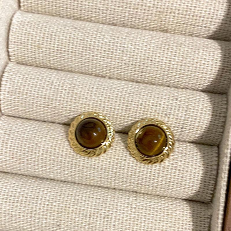 Round Tiger's Eye Stone Earrings Autumn Winter Retro Atmosphere Temperament Fashion Personality Design Women's Versatile Daily Earrings