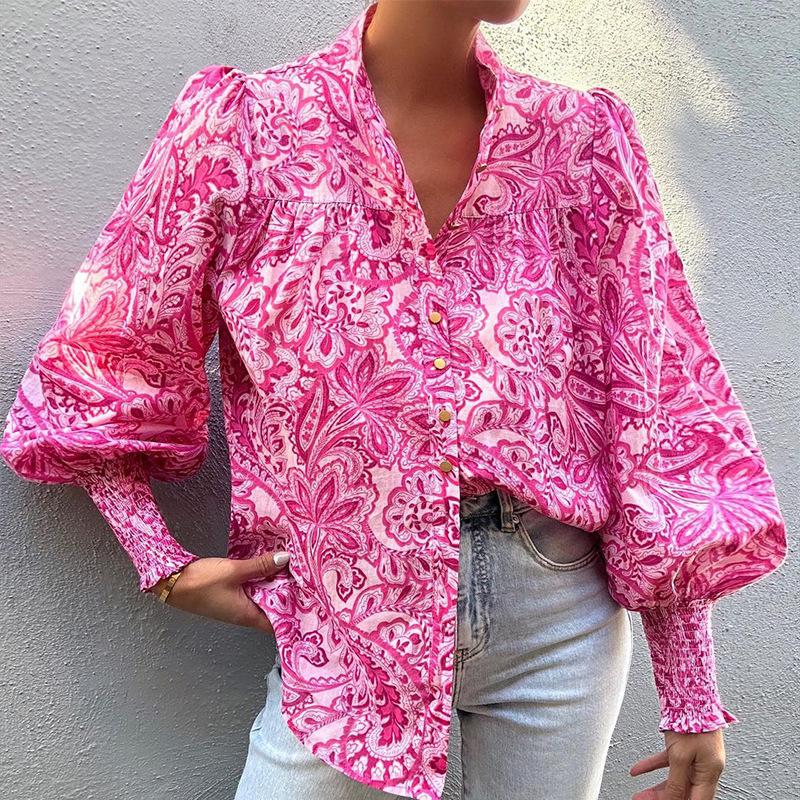 

Fd1185 Весенняя женская рубашка с принтом и воротником-пузырем с отворотом и длинным рукавом с принтом XL