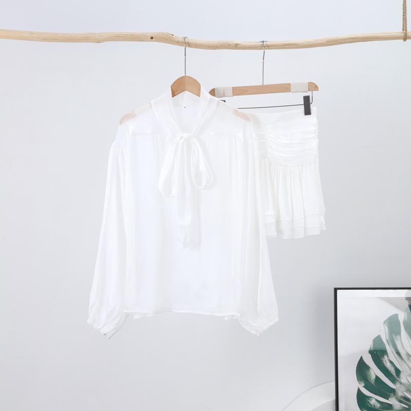 

Шикарний бантом топ спідниця костюми жінки мереживо O-подібний виріз ліхтар рукав блузка висока талія солодкий плісована спідниця весна новий набір з 2 штук M